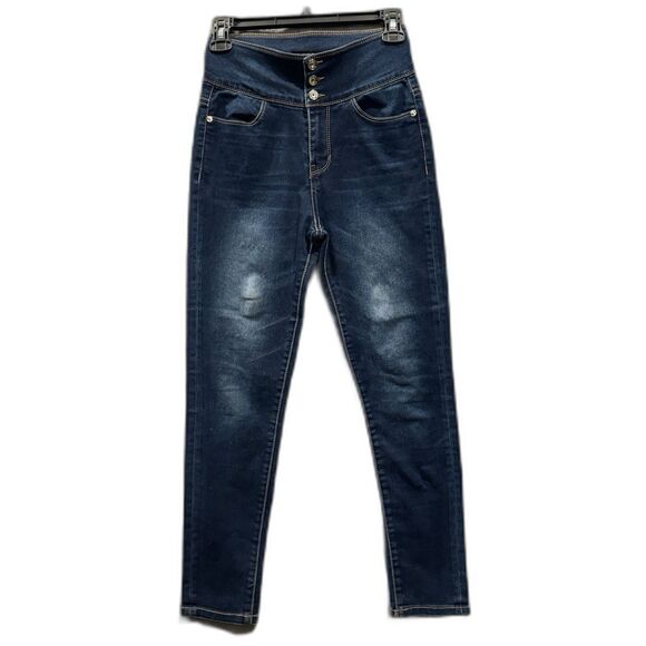 Guess High Rise Skinny Jeans Women Size 14 Triple Button Rhinestone Logo Glam - Picture 1 of 9